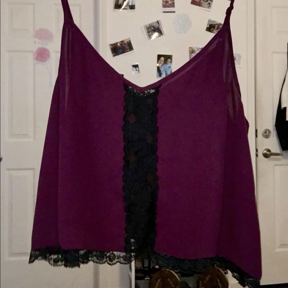 Purple crop top with black lace down the middle